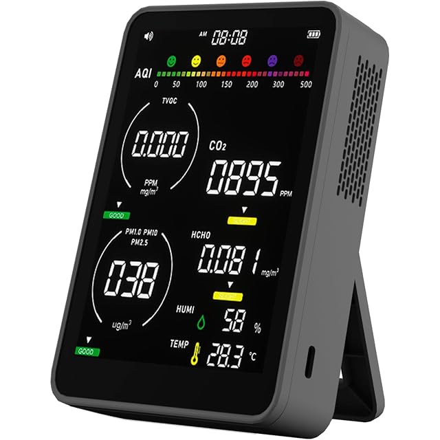 AQItech 16-in-1 indoor air quality monitor in black with color display