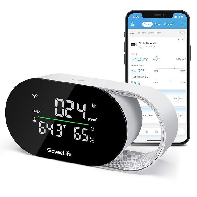 GoveeLife smart air quality monitor with LED display and USB-C power cable