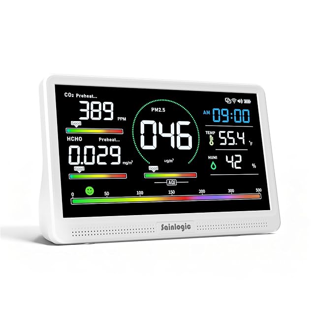Sainlogic indoor air quality monitor with large 7.2-inch display showing nine readings