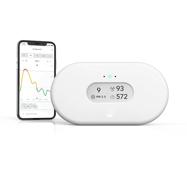 Airthings View Plus air quality monitor with e-ink display on a shelf