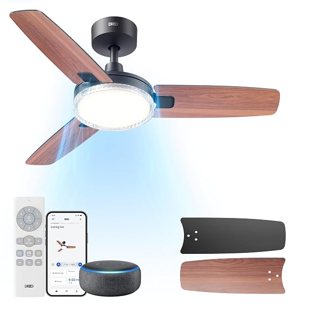 DREO 42-inch smart ceiling fan in black with crystal light cover and reversible blades