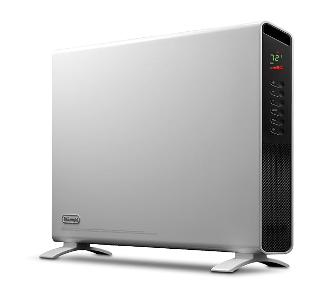 De'Longhi convection panel heater in white, freestanding on pre-assembled feet
