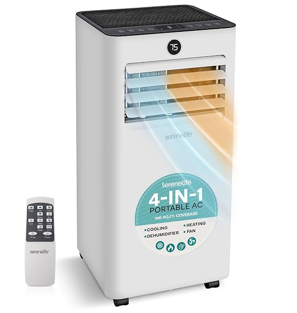 SereneLife portable air conditioner with heat, on castors with exhaust hose