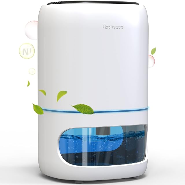 Hoomace small dehumidifier in white with seven-color LED light and water tank