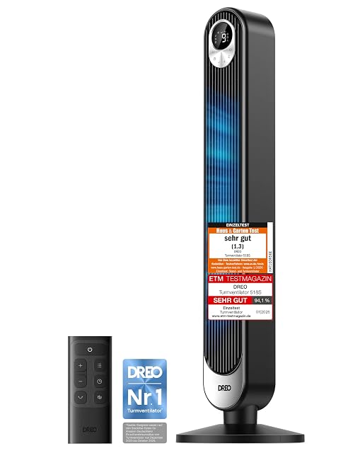 DREO Cruiser Pro T1 tower fan, black, standing on its base