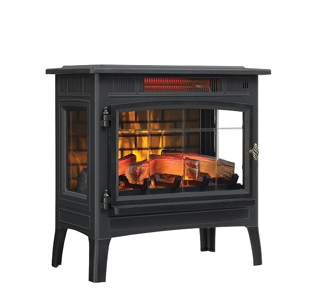 duraflame freestanding electric fireplace stove in black with glass door and glowing logs