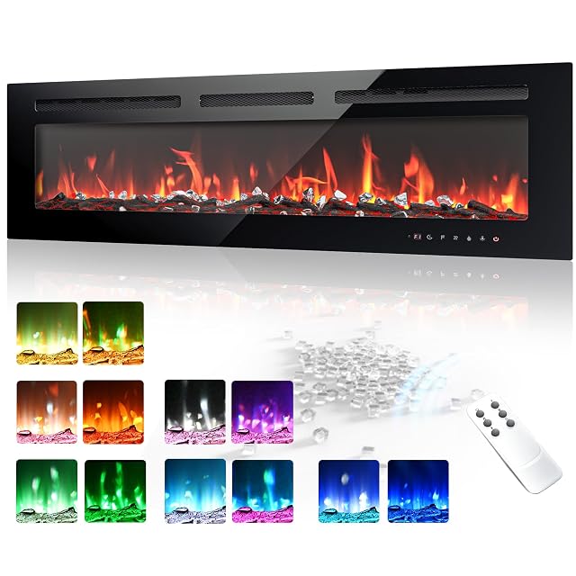 EUHOMY 50-inch recessed electric fireplace with black glass front and colored flames