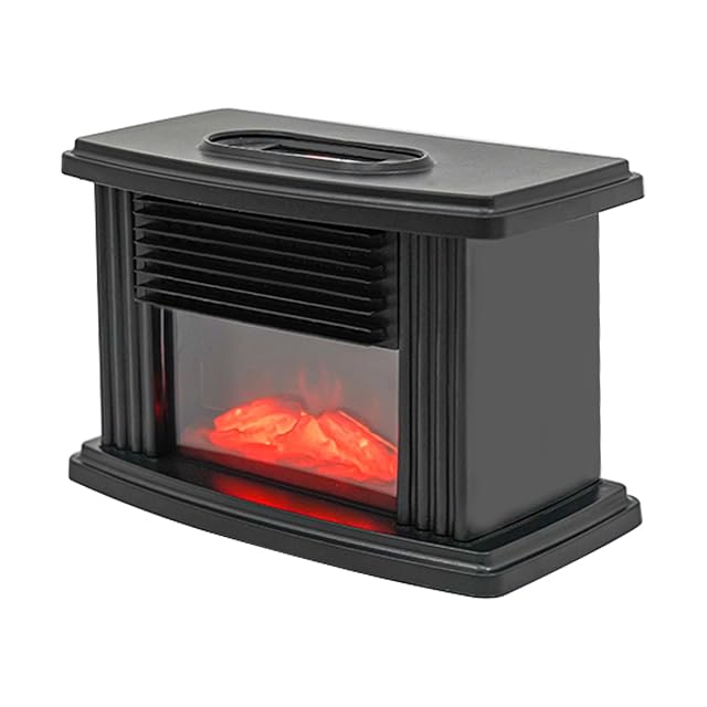 HAEDSPUP mini portable fireplace heater with 3D flame effect on a desk