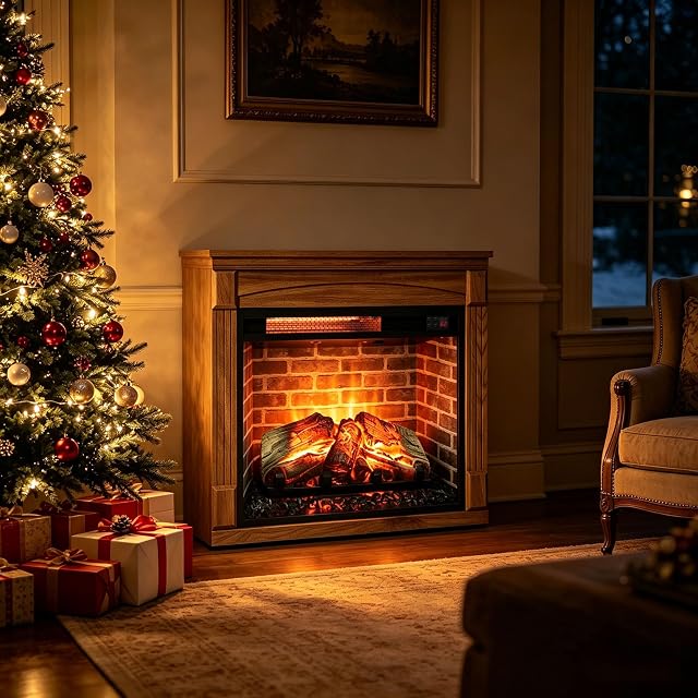 Innoflame 28-inch electric fireplace with white mantel and Roman arch detailing