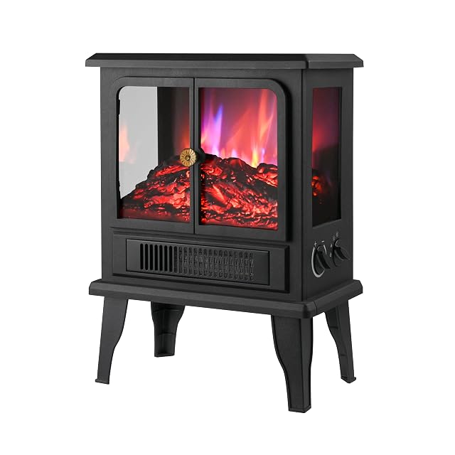 Techni Home electric fireplace heater with three-sided viewing windows and flame effect