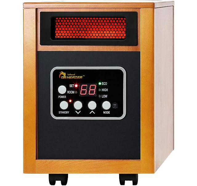 Dr Infrared Heater DR-968 portable space heater in cherry wood finish on castors