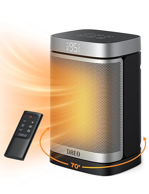 DREO Atom One compact space heater in white on a desk