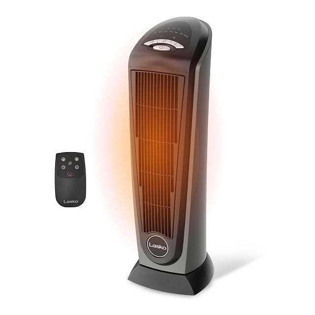 Lasko 23-inch ceramic tower space heater in silver with remote control