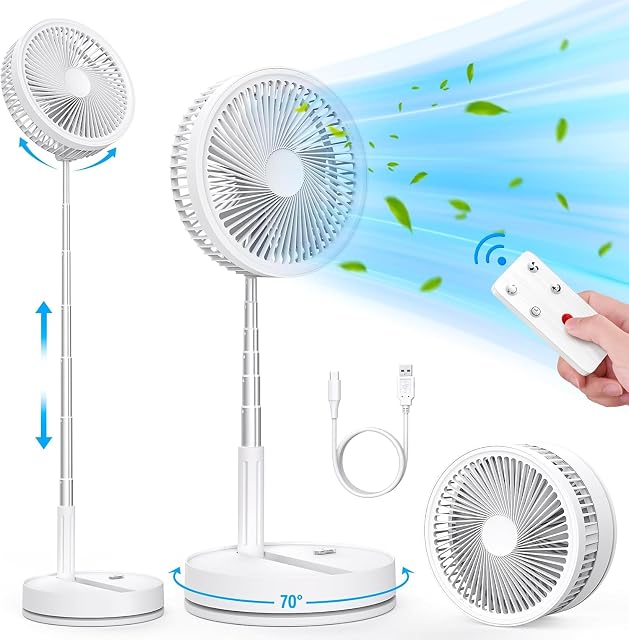 LIPETY F9 foldable battery-powered pedestal fan, extended to full height