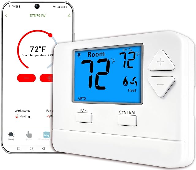 riseem WiFi smart thermostat with blue backlit LCD on a wall