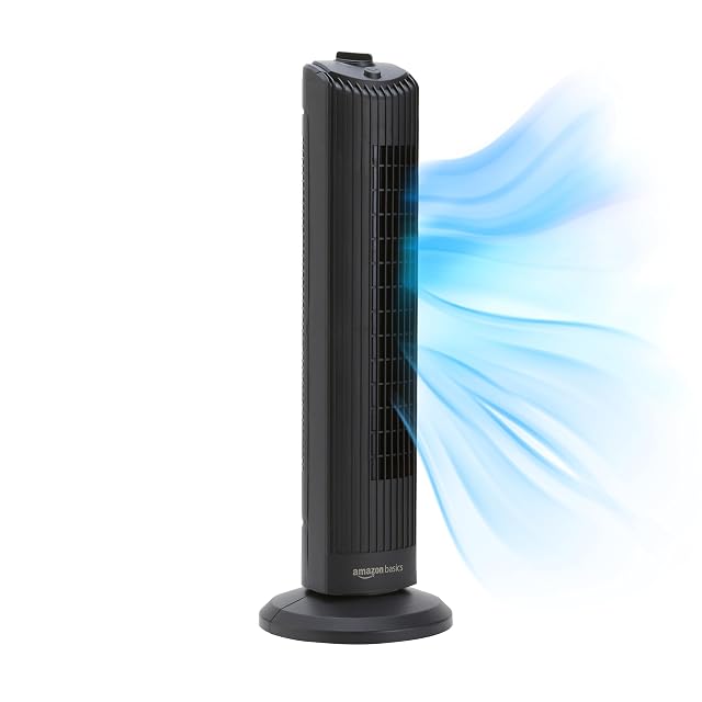 Amazon Basics 28-inch oscillating tower fan in black with top-mounted controls