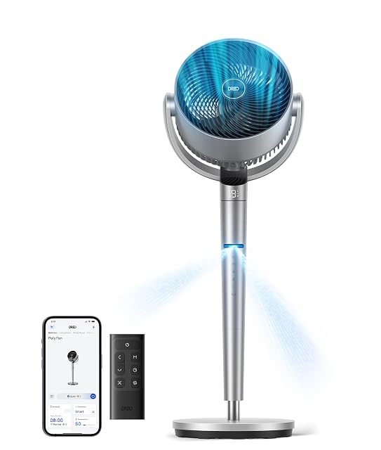 DREO smart pedestal fan in silver with tall stand and LED control panel