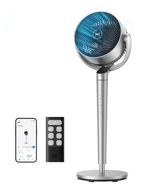 DREO smart pedestal fan with wide base, LED panel and tall adjustable column