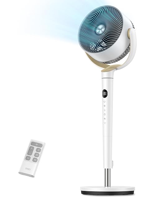 DREO pedestal standing fan in white with LED display and adjustable height column