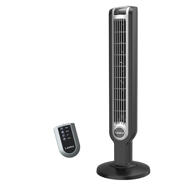 Lasko 36-inch oscillating tower fan in black with remote control
