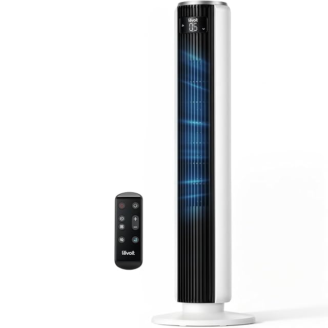 Levoit tower fan in white with slim profile and digital display