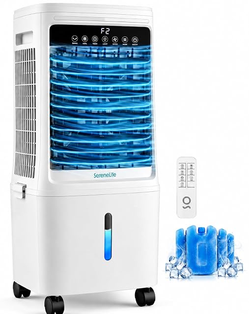 SereneLife SLACL25WHGY 25 L evaporative air cooler on casters with remote control