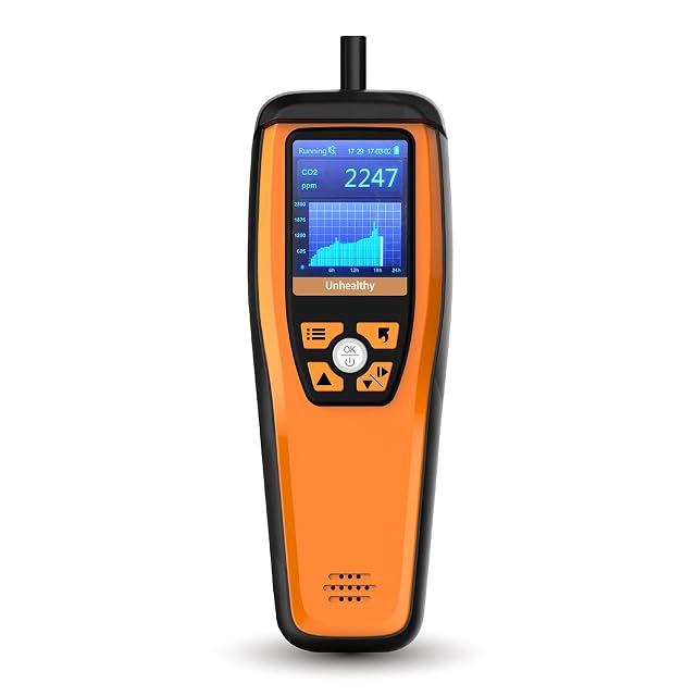 Temtop M2000C 2nd handheld air quality monitor showing CO2 and PM2.5 readings