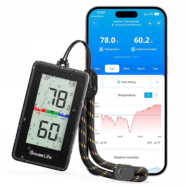 GoveeLife 2-in-1 indoor outdoor thermo-hygrometer with lanyard and LCD display