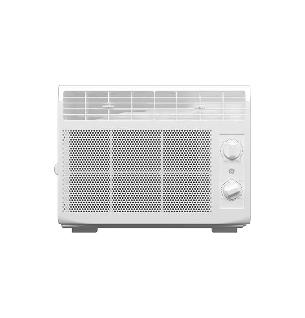 GE 5000 BTU window air conditioner in white with mechanical control dials
