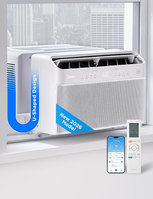 Midea U-shaped 12000 BTU window air conditioner installed with the window partly open
