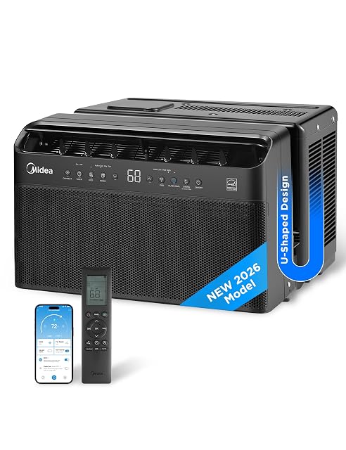 Midea U-shaped 6000 BTU window air conditioner in black installed in a window