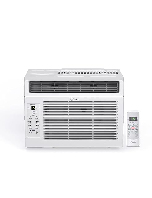 Midea EasyCool 6000 BTU window air conditioner in white with LED display and remote
