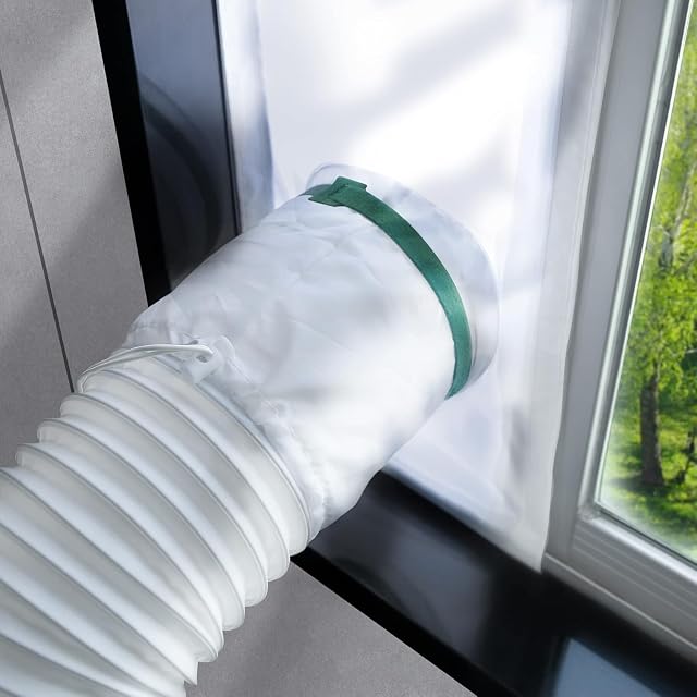 LOVIGA portable AC window vent kit in white fabric with drawstring hose opening